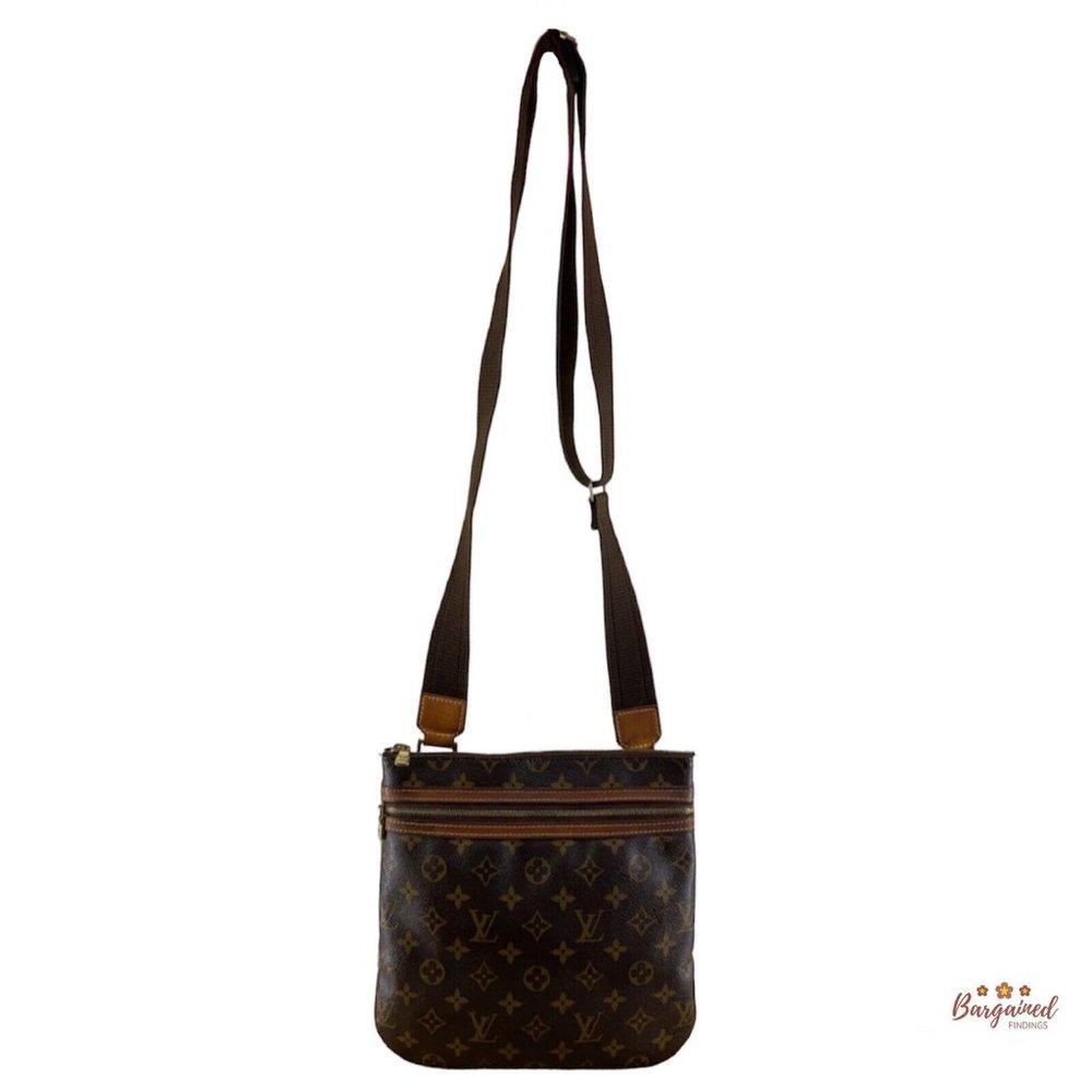 Authentic LOUIS VUITTON Brown Monogram Canvas Leather Bosphore Messenger Bag